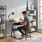 Adjustable Drafting Table, Art Desk Drawing Table Workstation with Stool and Storage Drawers for Painting, Oak