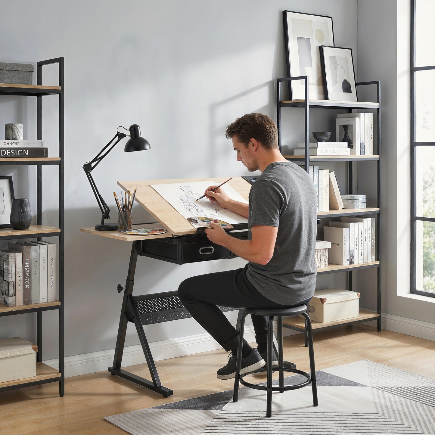 Adjustable Drafting Table, Art Desk Drawing Table Workstation with Stool and Storage Drawers for Painting, Oak