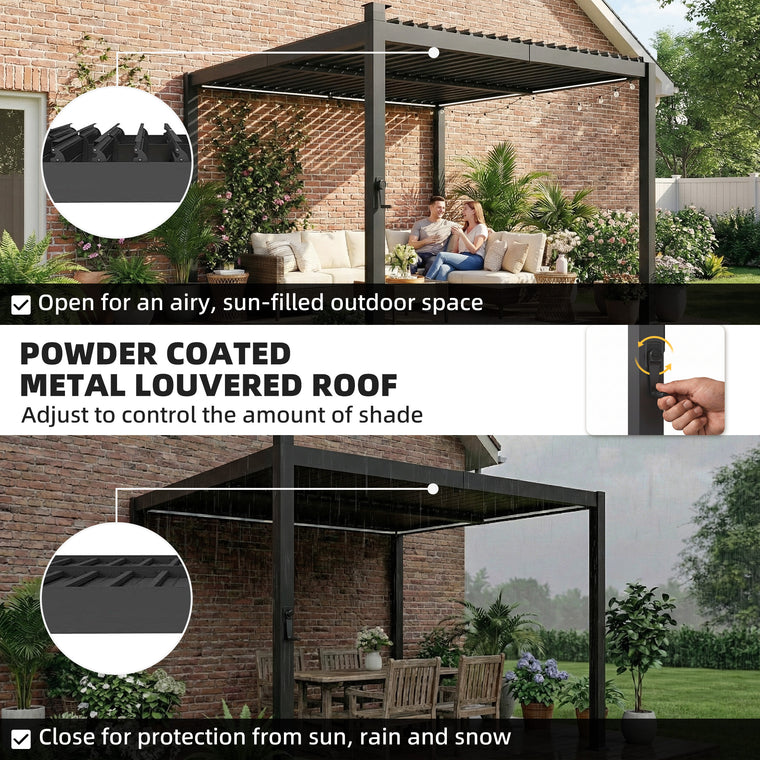 10' x 10' Louvered Pergola with LED Lights and Metal Roof