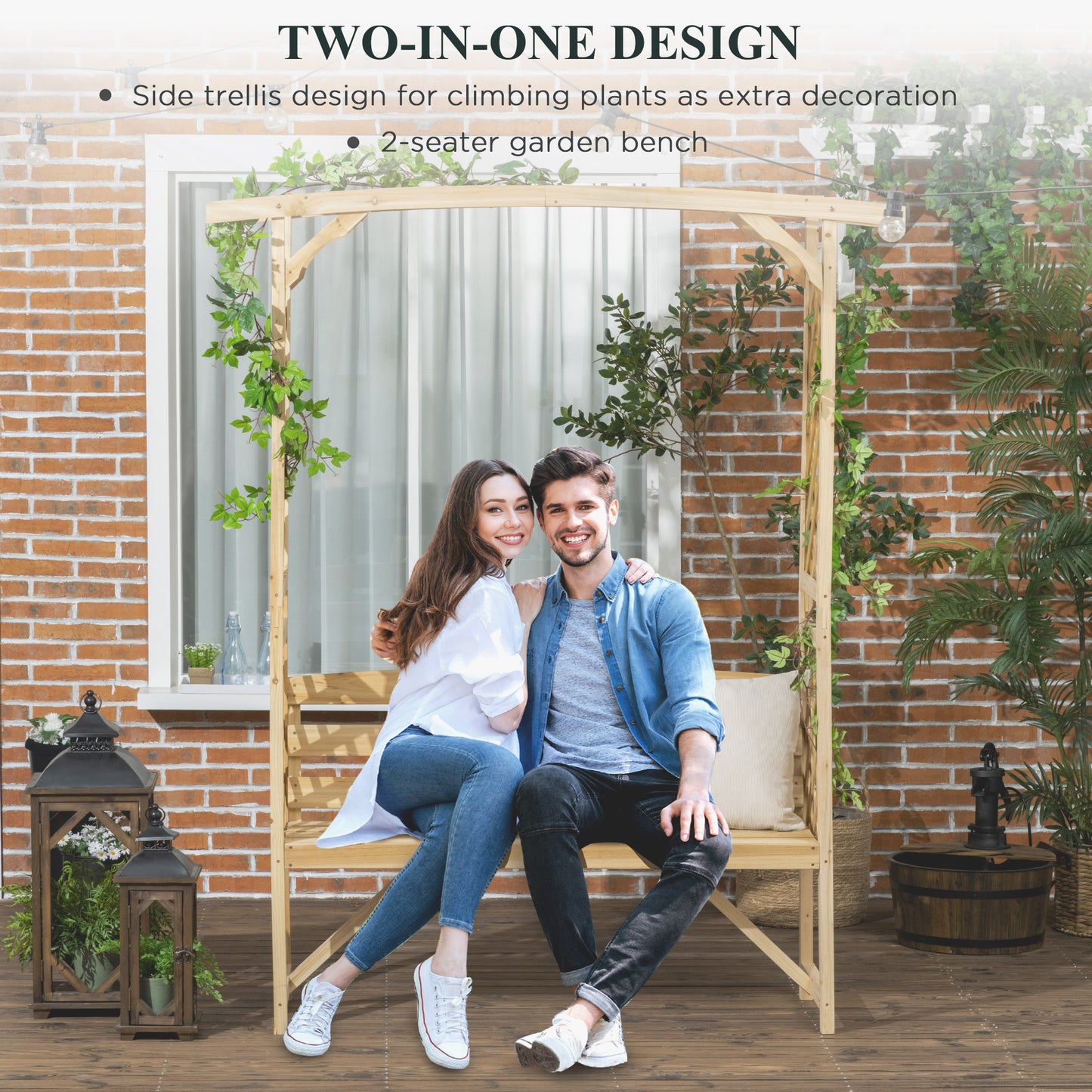 Natural Wood Garden Arch with 2-Person Bench