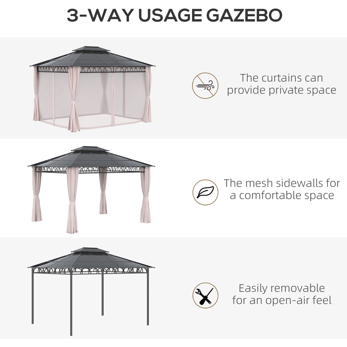 10' x 12' Outdoor Hardtop Gazebo Canopy w/ Double PC Roof, Steel Frame, Nettings, Curtains for Garden Lawn Deck, Khaki