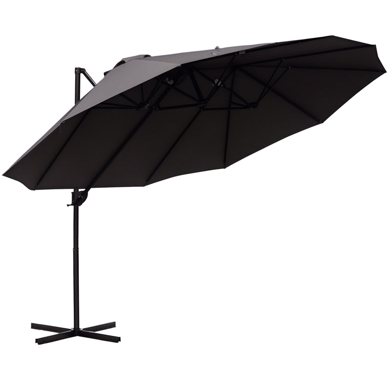 Grey Offset Cantilever Umbrella with Twin Canopy & Lift Crank