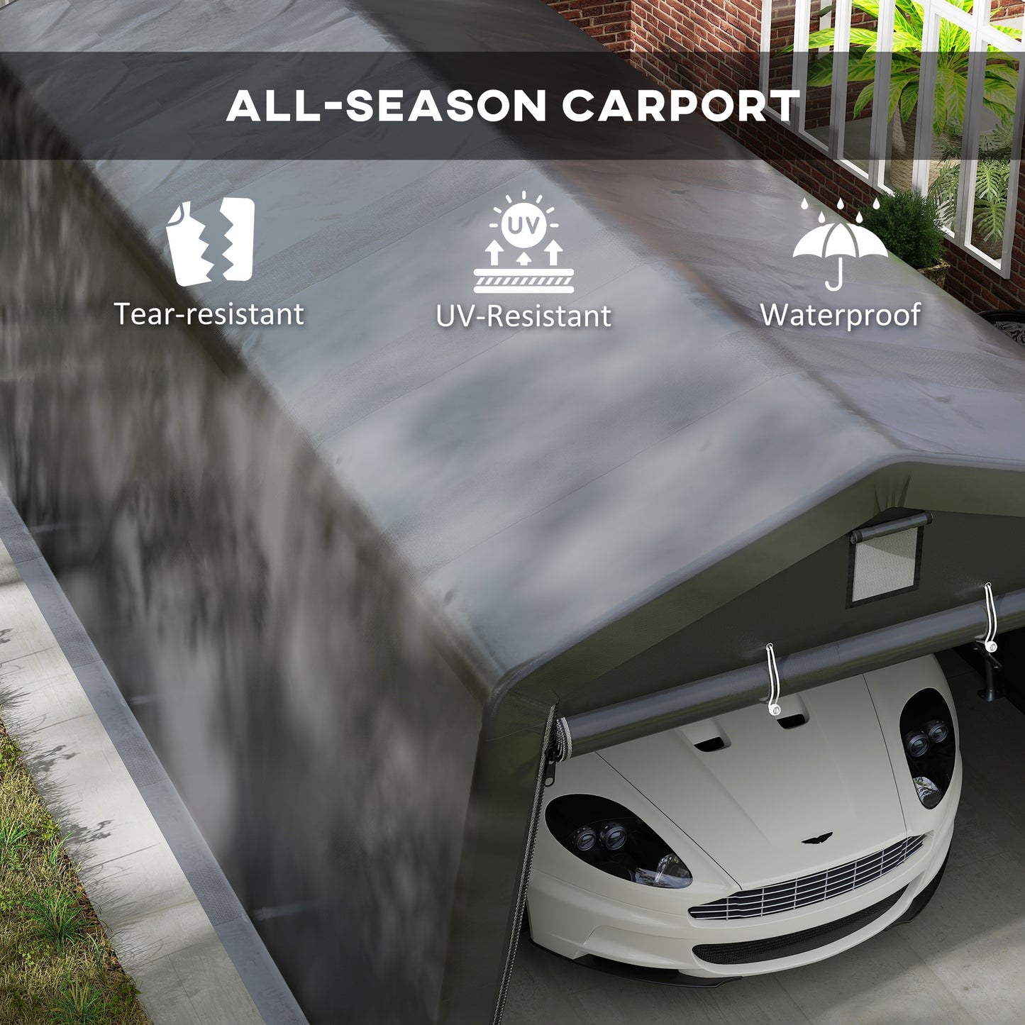 Portable Garage, Heavy Duty Carport Canopy with Ventilation Windows and Large Roll-up Door, Dark Grey