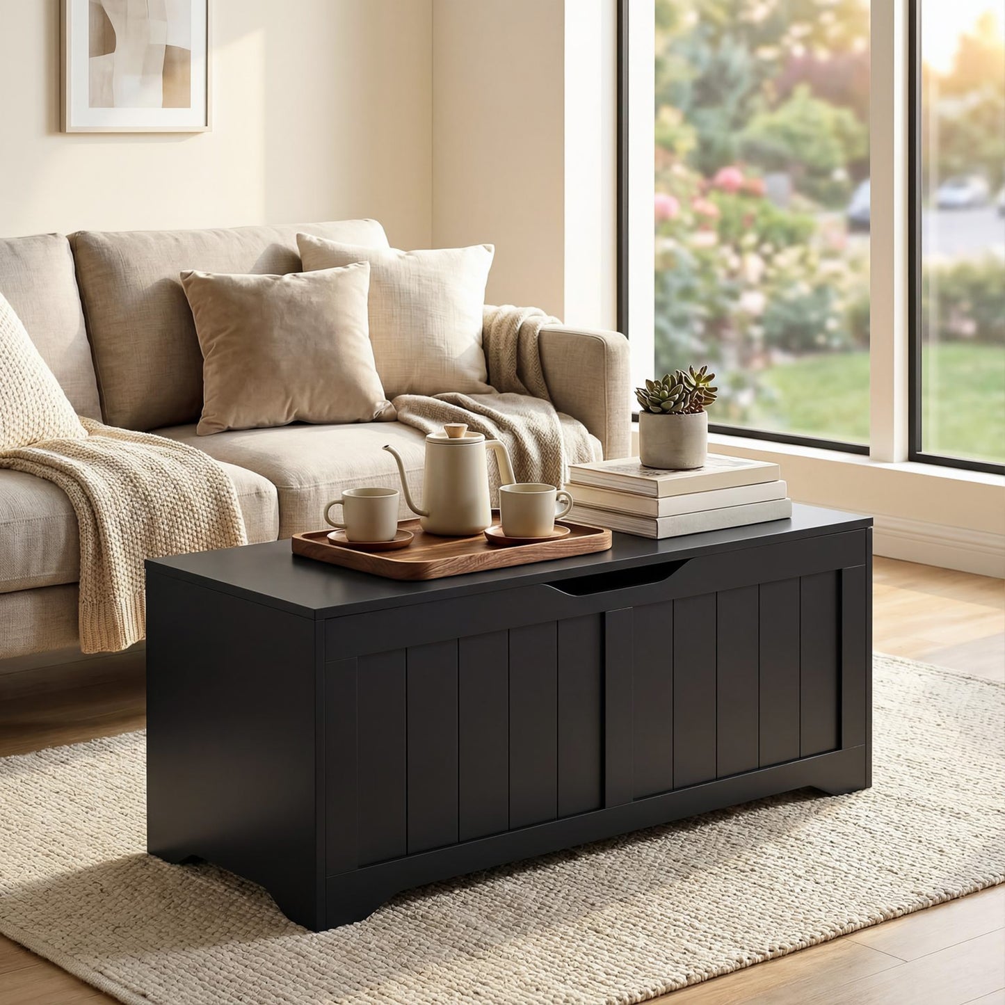 Storage Bench with Lift Top Storage Chest with Safety Hinges for Entryway, Living Room, Black