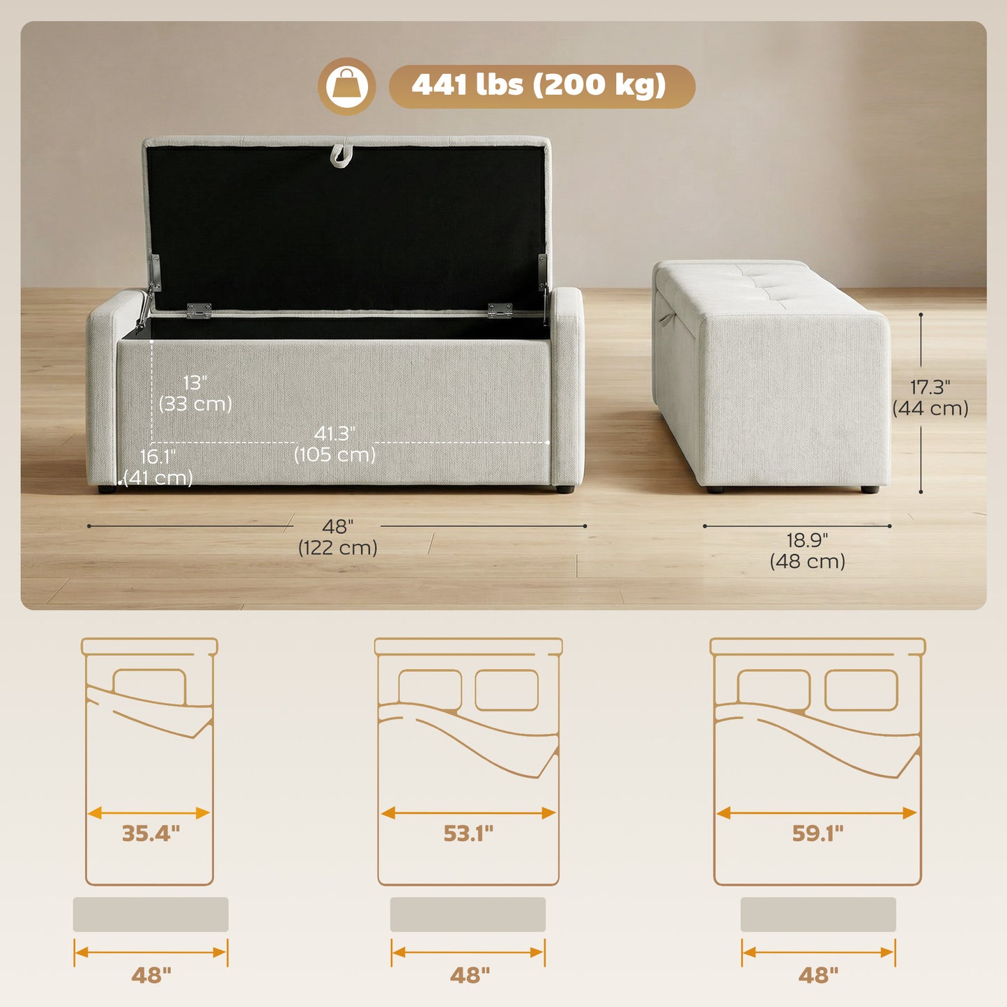 Storage Ottoman Bench, Linen-Look Fabric Upholstered Ottoman with Storage, Wide Padded Seat, Cream White
