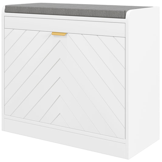 Upholstered Shoe Storage Bench with Flip Drawer - White