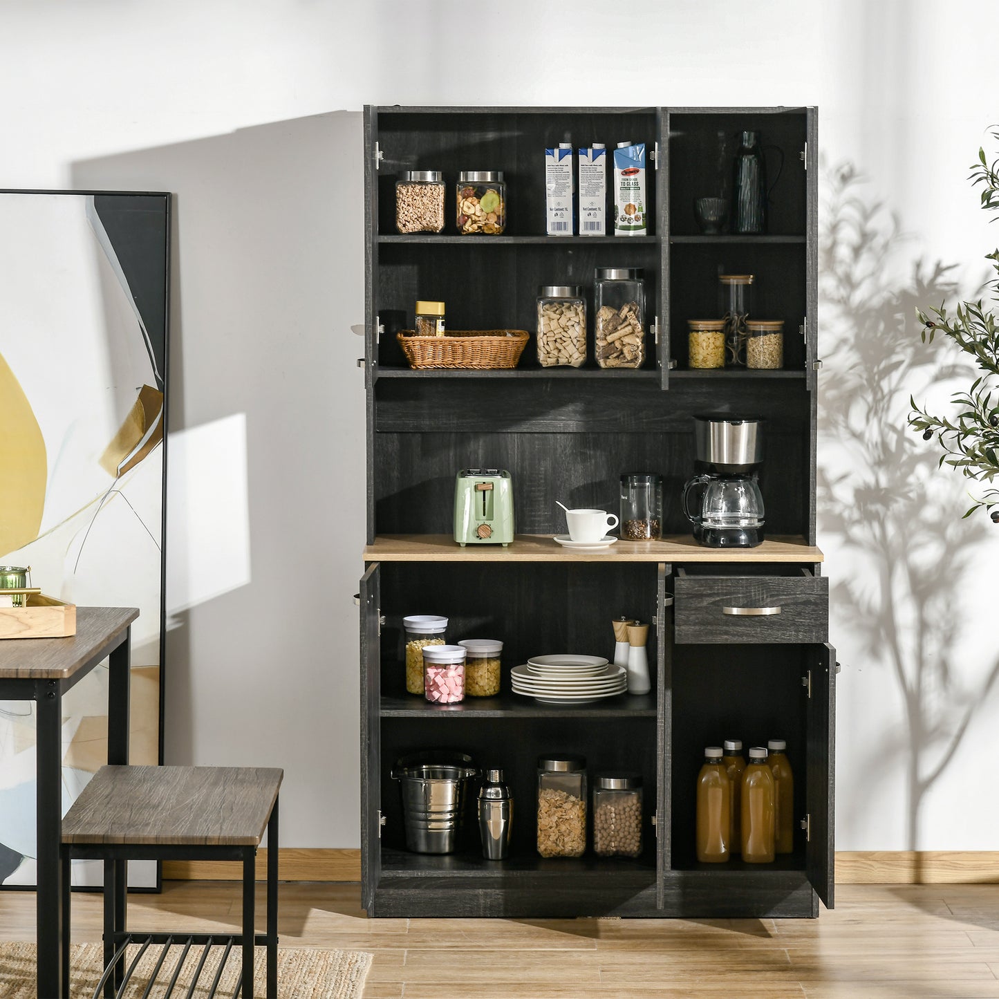 71" Kitchen Buffet with Hutch, Freestanding Kitchen Cabinet with Doors, Drawers, Microwave Counter, Black
