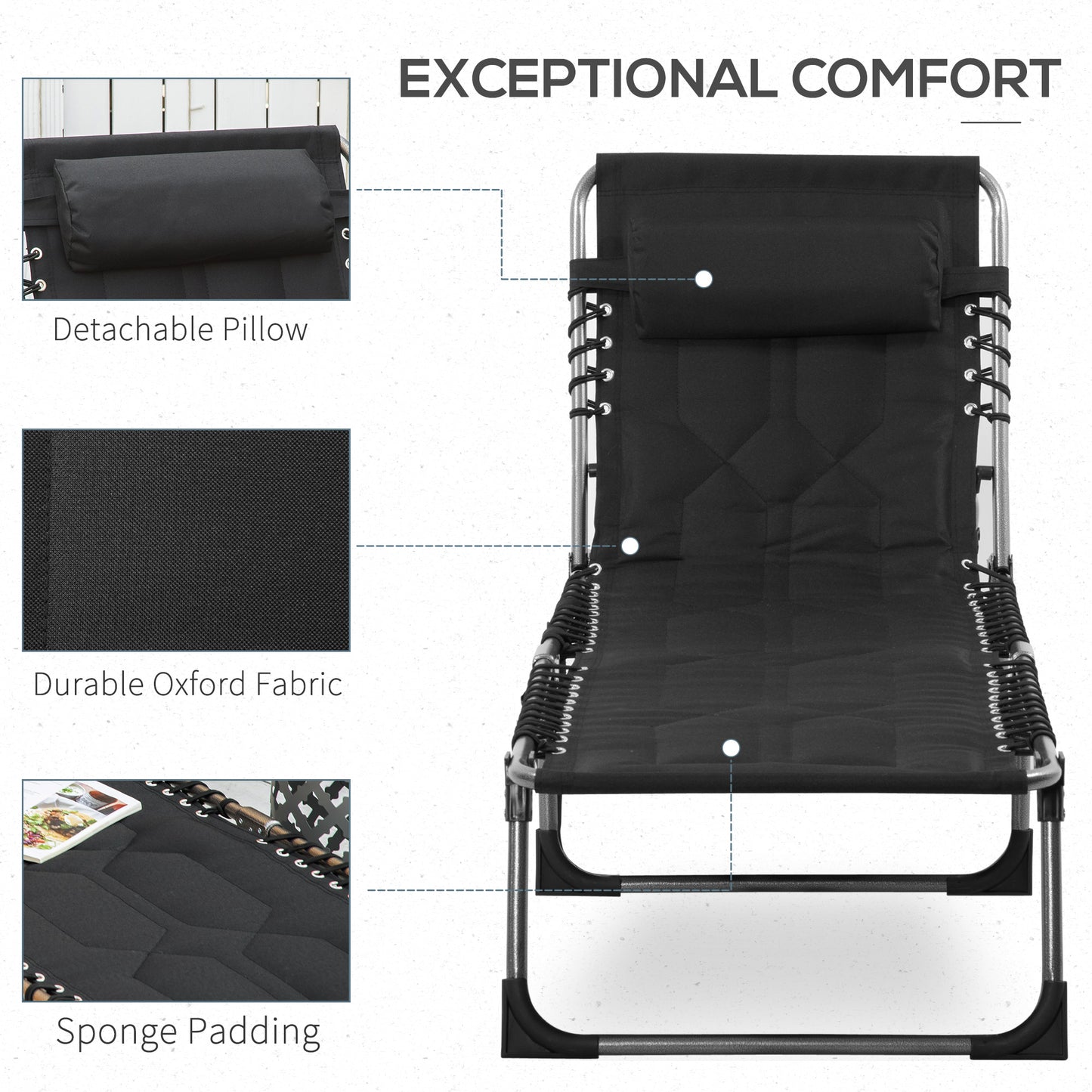 Folding Chaise Lounge Chair, Outdoor Padded Reclining Chair with 5-position Adjustable Backrest, Pillow and Pocket for Patio, Deck, Beach, Lawn and Sunbathing, Black