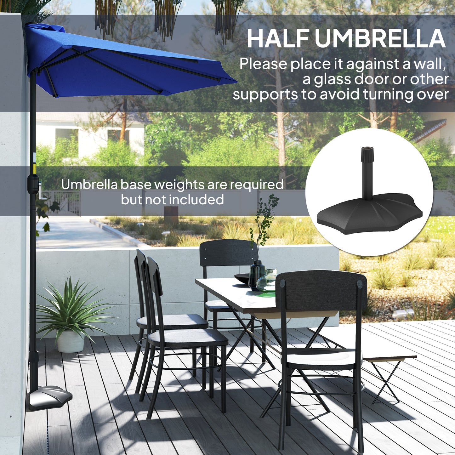 9ft Deep Blue Half Round Umbrella with 5 Ribs