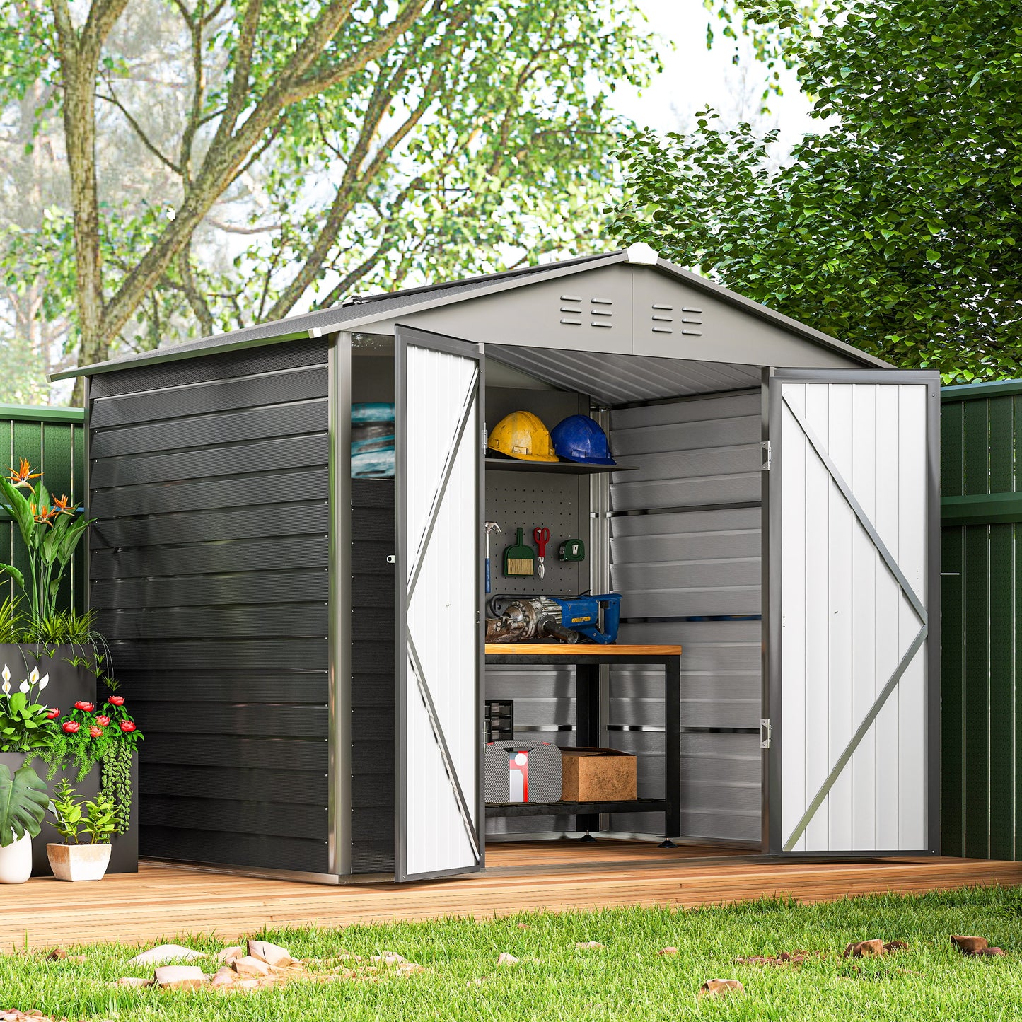 8' x 6' Outdoor Storage Shed, Metal Garden Shed with 2 Windows, 4 Vents, Lockable Doors and Gloves, Dark Grey