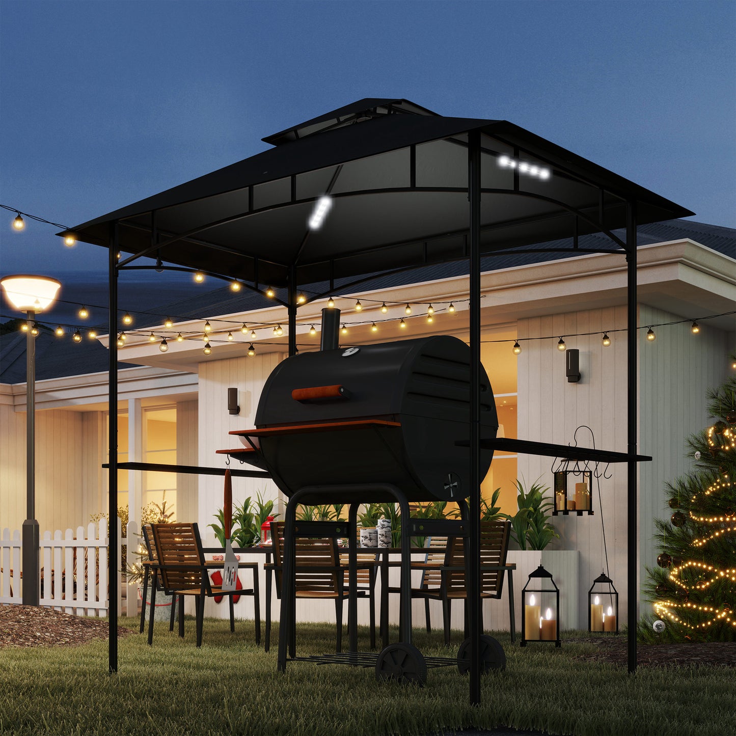8' x 5' Outdoor Grill Gazebo, Double Tiered Barbecue Grill Gazebo Shelter with 2 Side Shelves, Hooks, Dark Grey