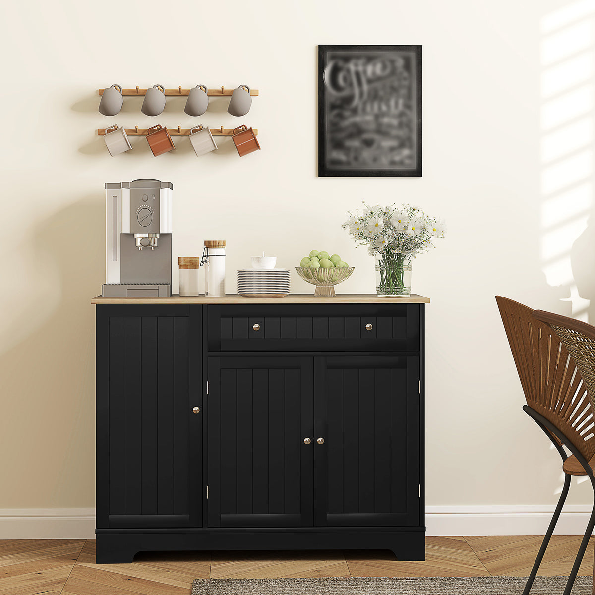 Modern Sideboard Cabinet, 41" Kitchen Buffet Cabinet with Drawer, Adjustable Shelf, 3 Doors for Dining Room, Black