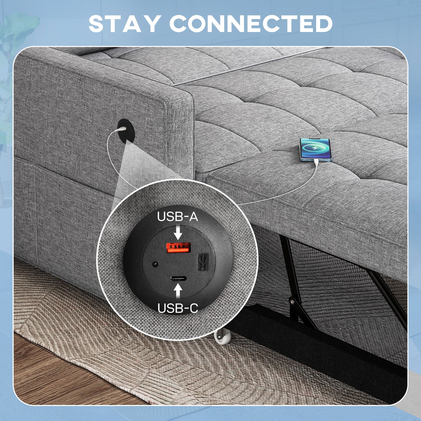 Pull Out Sofa Bed, Sleeper Sofa Couch with USB Ports, Small Linen Loveseat Futon Couch for Living Room, Grey