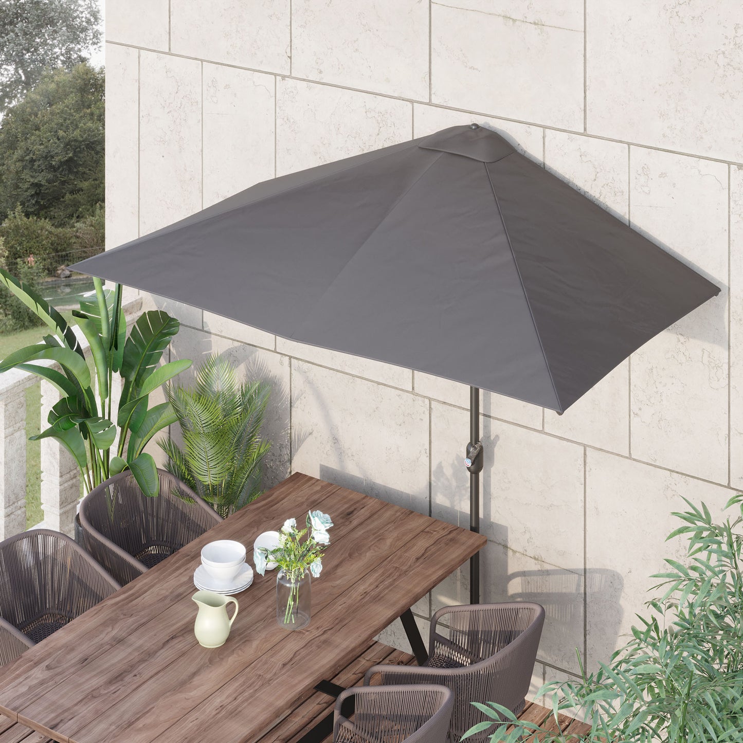 8ft Half Round Umbrella Outdoor Balcony Parasol Patio Garden Outdoor Window Sun Shade w/ 5 Ribs