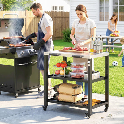 Stainless Steel Grill Cart with Shelves and Wheels