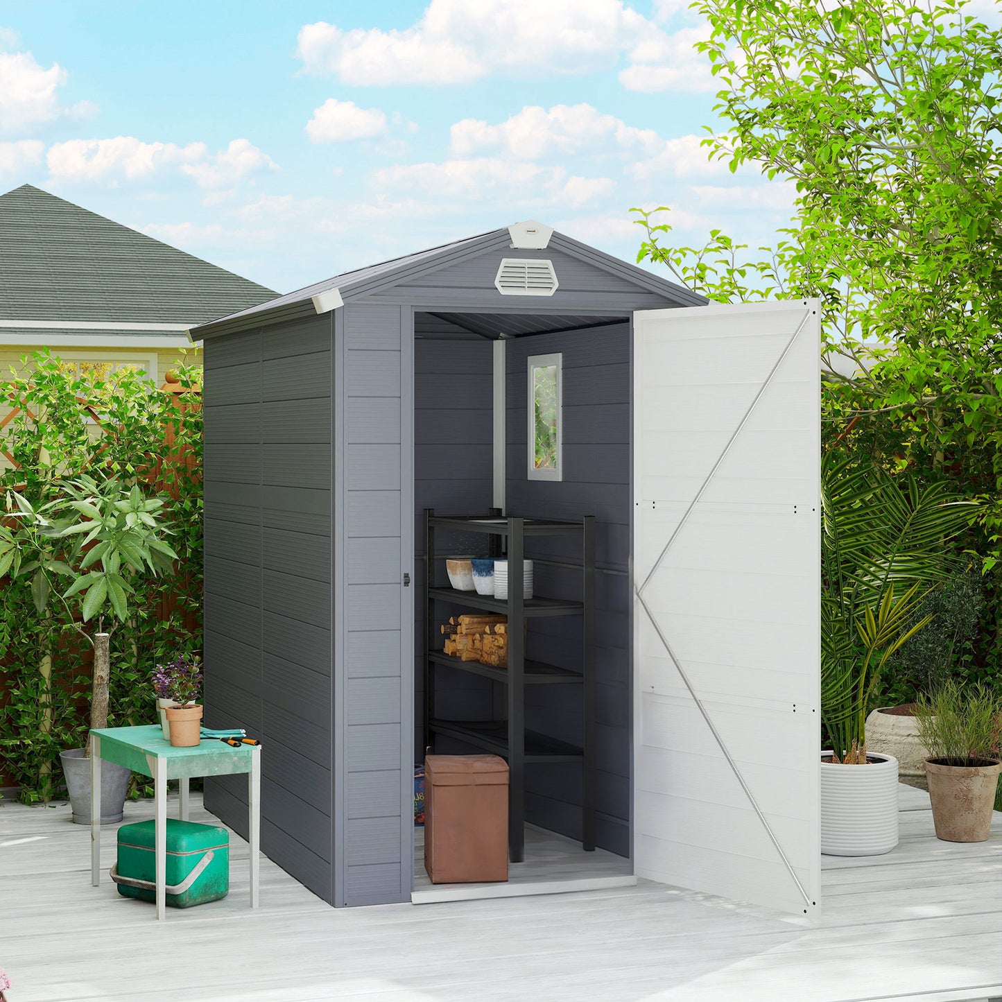 4.5' x 6' Garden Storage Shed with Latch Door, Vents, Sloped Roof, Light Grey