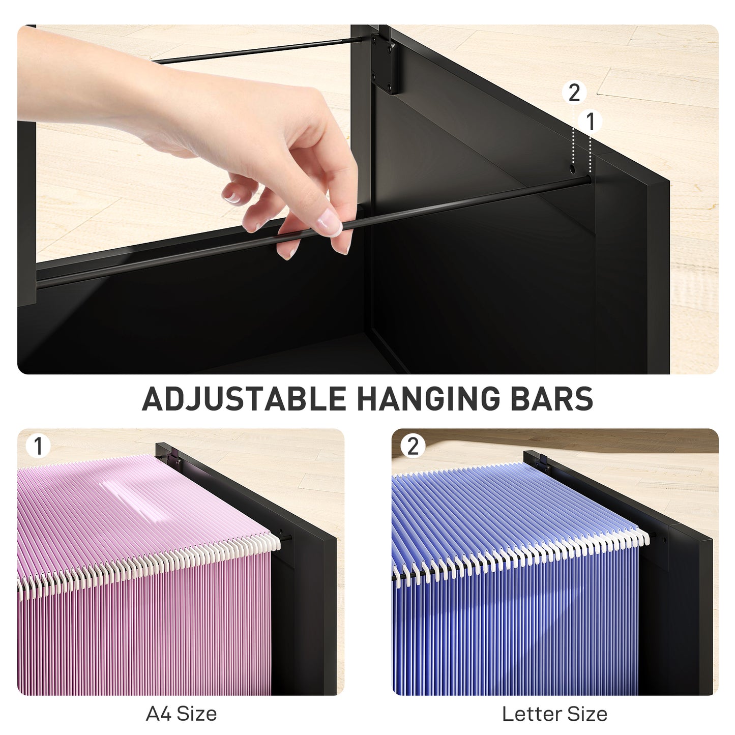 4 Drawer Filing Cabinet with Lock, Office Storage Cabinet with Adjustable Hanging Bars for A4 Letter Size Files, Black