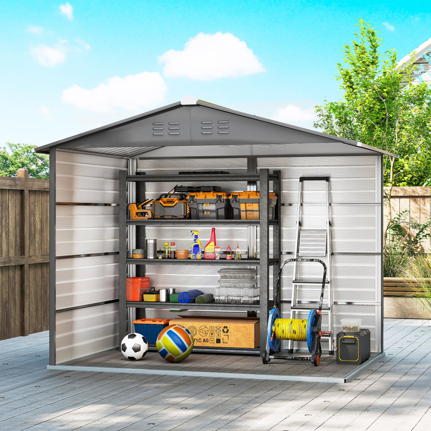 8' x 6' Outdoor Storage Shed, Metal Garden Shed with 2 Windows, 4 Vents, Lockable Doors and Gloves, Dark Grey
