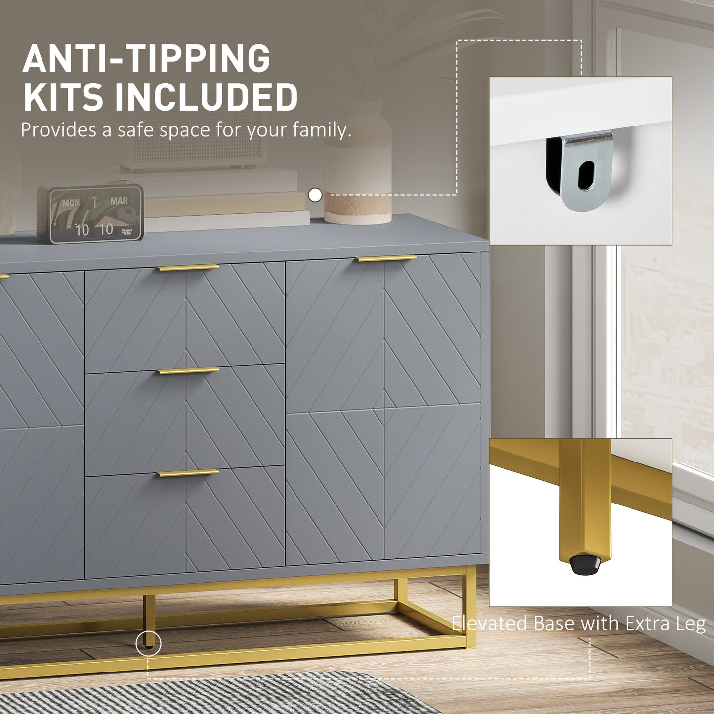 Sideboard Storage Cabinet with 3 Drawers, Adjustable Shelves and Doors, Kitchen Buffet Cabinet for Dining Room, Grey