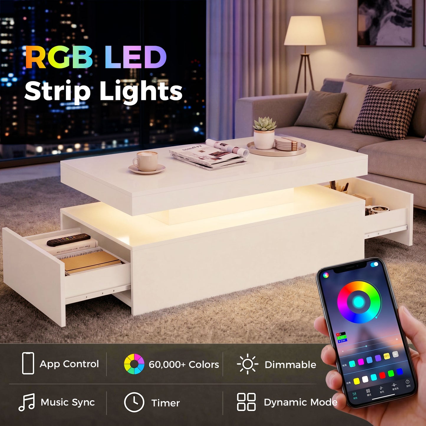 LED Coffee Table with Storage, 2-Tier Modern Center Table with 2 Drawers for Living Room, High Gloss White