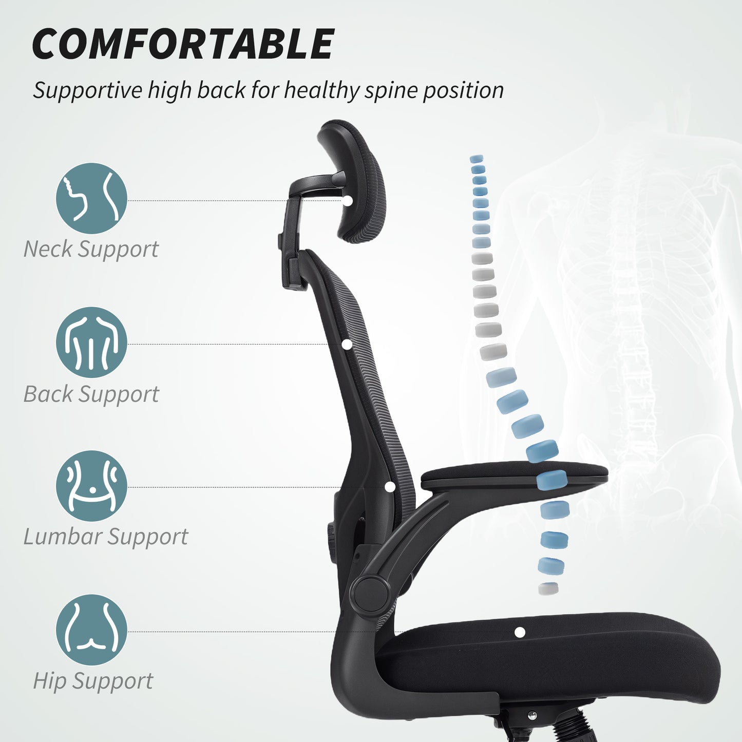 Ergonomic Office Chair, Mesh Desk Chair with Adjustable Headrest, Lumbar Support and Height, Flip-Up Armrests, Black