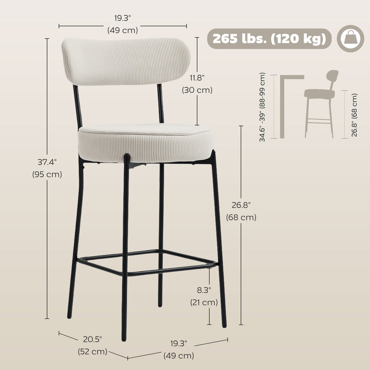 Set of 2 Corduroy Bar Stools with Backrest