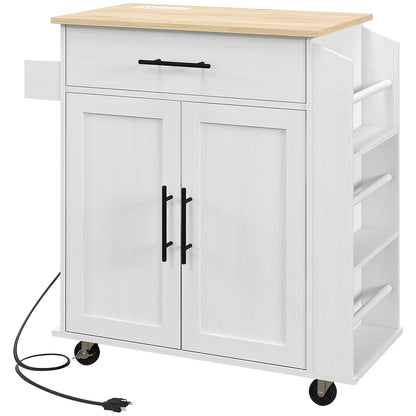 Rolling Kitchen Island with Power Outlets and Drawer - White