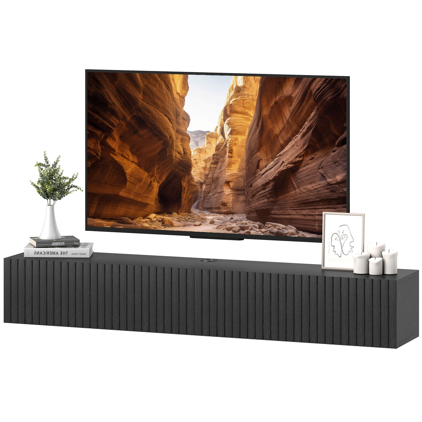 55" Floating TV Stand for TVs up to 72 Inch, Wall Mount Media Console with 2 Fluted Flip-Down Doors, Cable Hole, Black