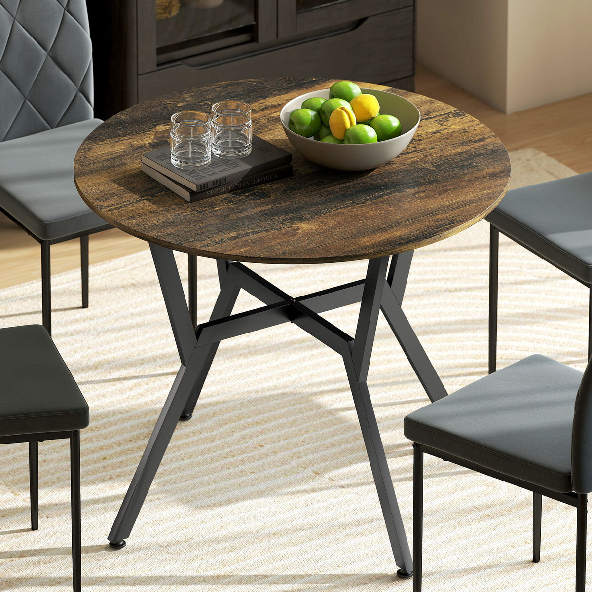 35" Round Dining Table, Modern Dining Room Table with Steel Frame, Space Saving Small Kitchen Table, Rustic Brown