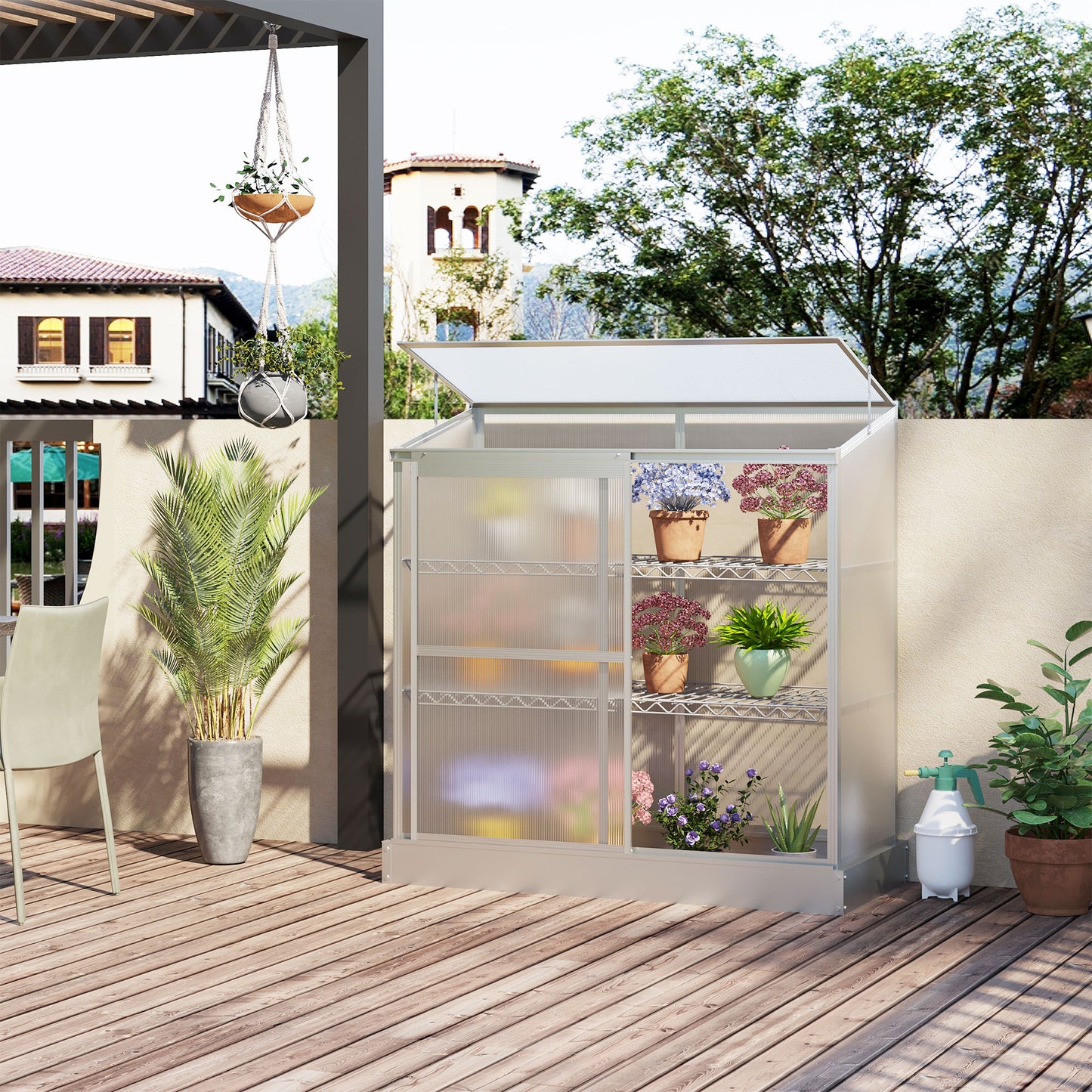 Aluminum Cold Frame Greenhouse, Raised Planter Bed Protection with Openable Top and 2 Shelves for Outdoor Indoor