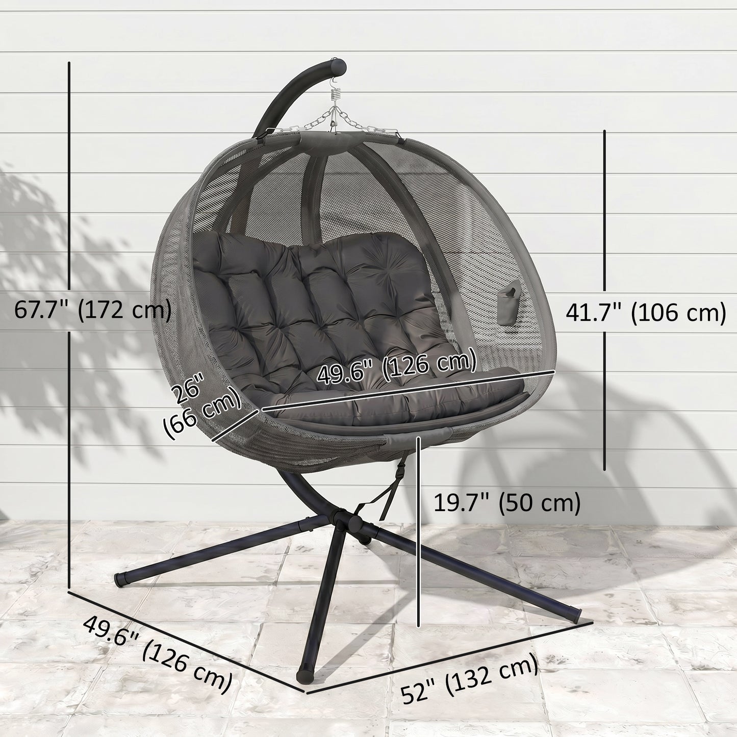 Double Egg Chair with Stand, 2 Person Hanging Swing Egg Chair with Cushion, Pockets, Grey