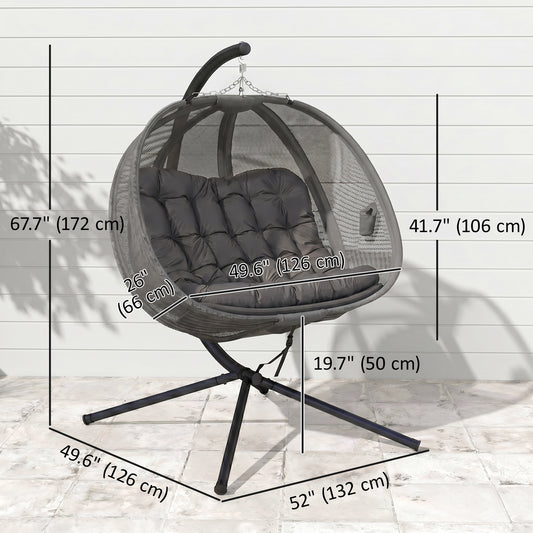 Double Egg Chair with Stand, Cushion and Pockets - Grey
