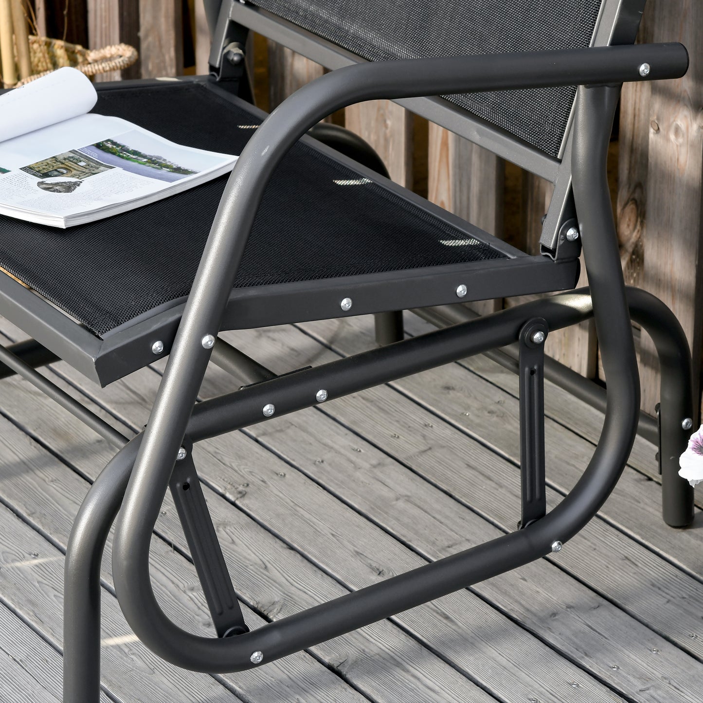 Patio Glider Outdoor Glider Chair with Breathable Mesh Seat & Backrest, Armrests and Metal Frame, Black