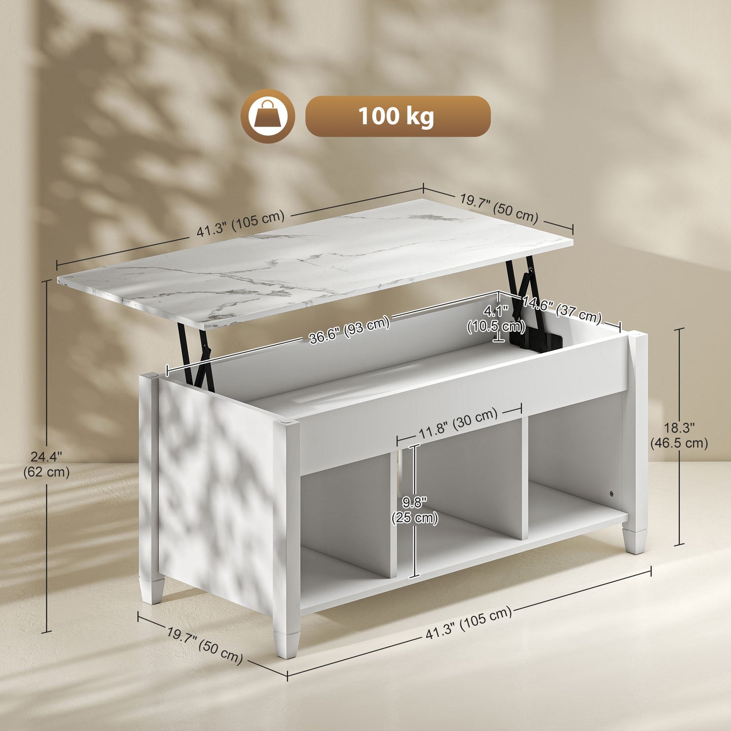 Lift Top Coffee Table, Modern Center Table with Storage Shelves and Hidden Compartment for Living Room, 41" L, White