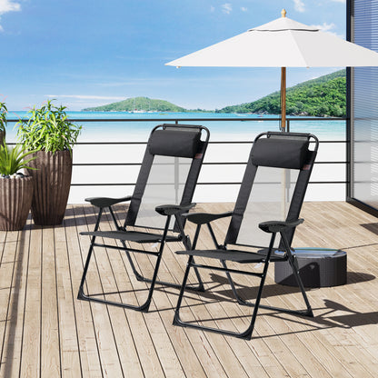 Set of 4 Camping Chairs, Outdoor Folding Lounge Chair Set with 5 Level Adjustable Backrest, Removable Headrest, Armrest for Camping, Backyard, Grey - Black
