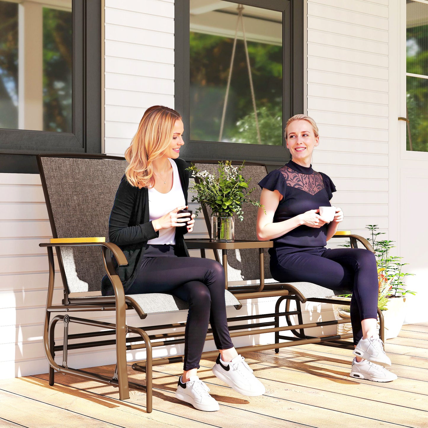 Outdoor 2-Person Glider Bench, Outside Swing Glider Chair Loveseat with Breathable Mesh, Table, Steel Frame