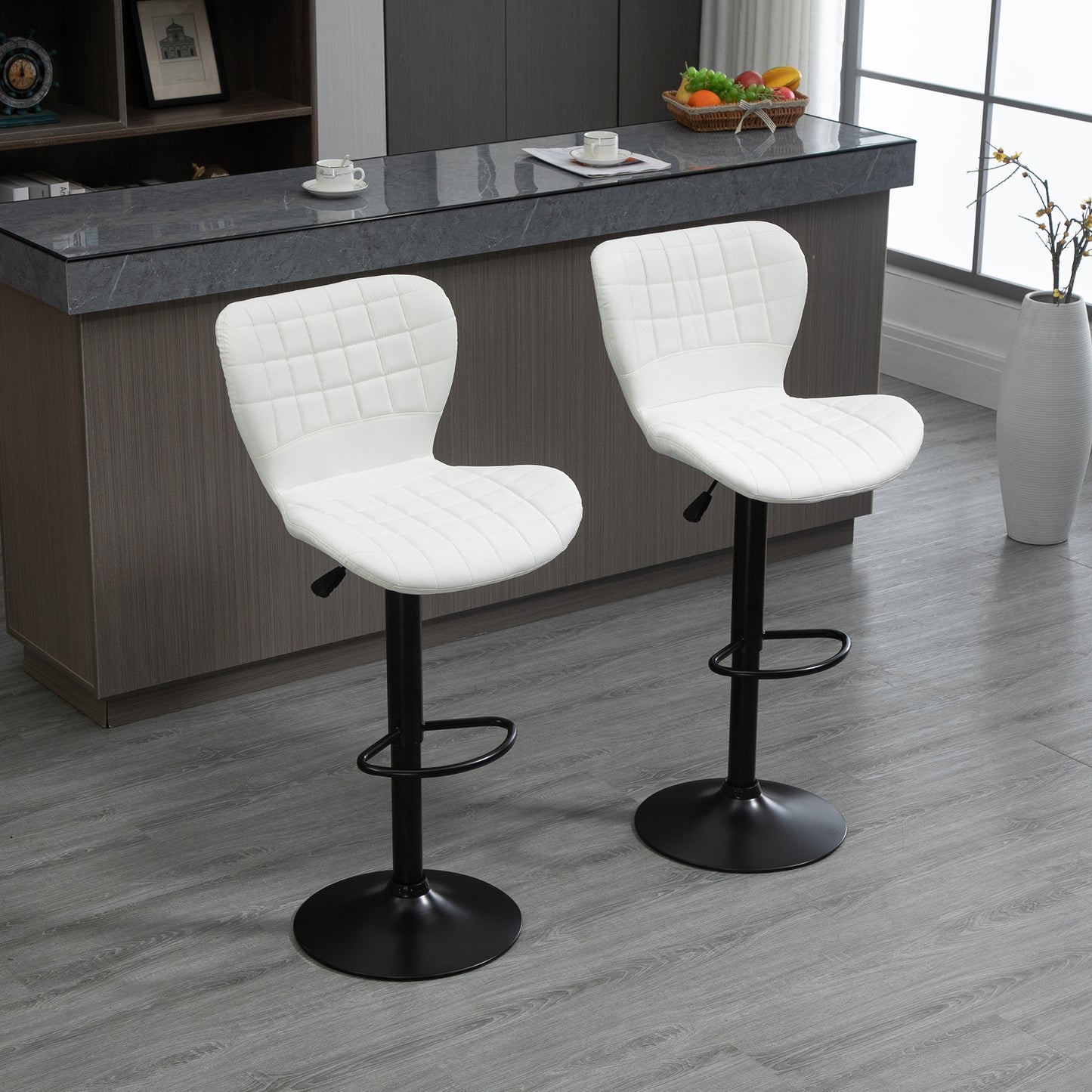 Bar Stools Set of 2 Adjustable Height Swivel Bar Chairs in PU Leather with Backrest & Footrest, White