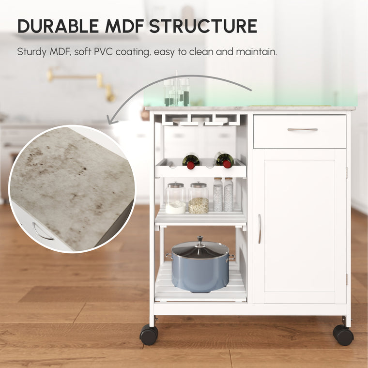 Rolling Kitchen Cart with Wine Rack and Marble Top - White
