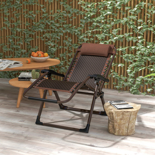 Outdoor Zero Gravity Chair, Folding PE Rarran Reclining Patio Lounge Chair with Recline Back, Headrest, Footrest, for Poolside, Garden, Brown