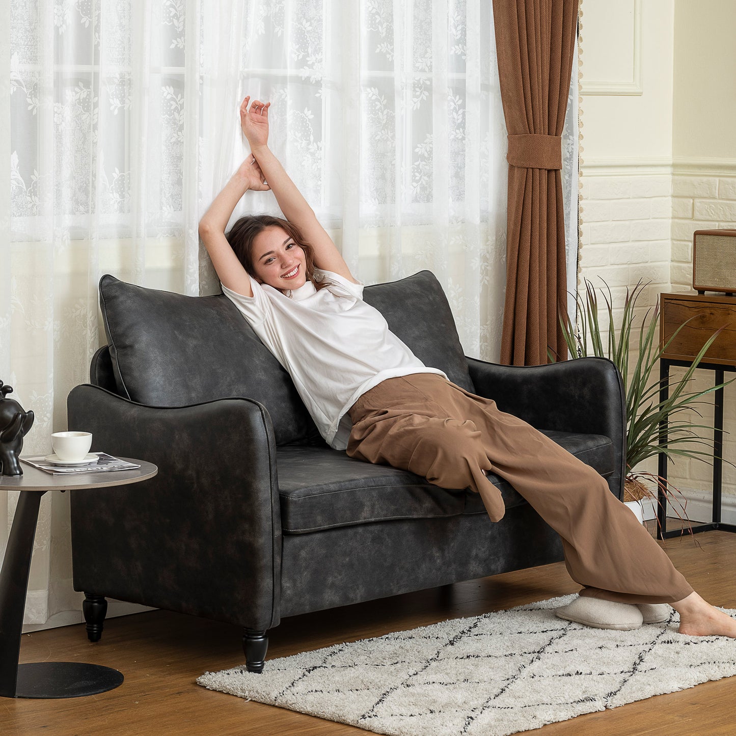 55" Loveseat Sofa, Small 2 Seater Couch with Solid Wood Legs, Modern PU Leather Upholstered Sofa for Small Spaces, Grey