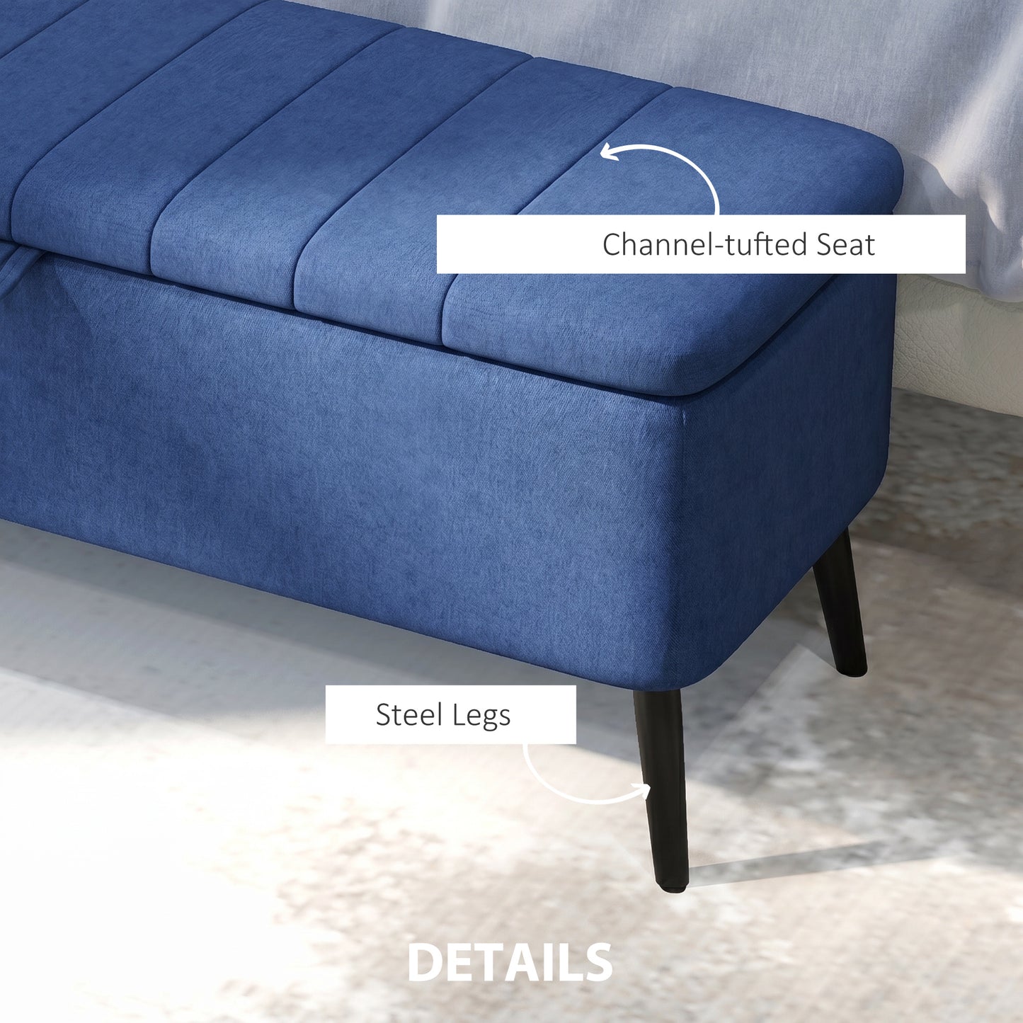 40" Ottoman with Storage, Linen Upholstered Storage Ottoman Bench with Steel Legs for Living Room, Bedroom Dark Blue