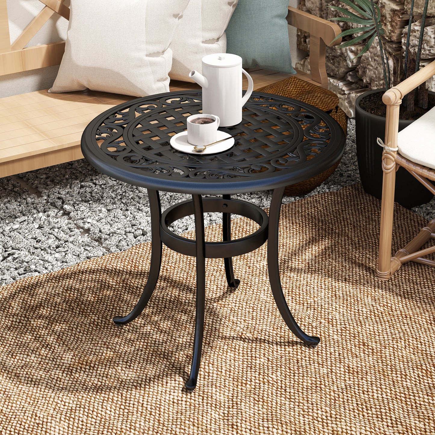 Ф23.6" Round Outdoor Side Table, Cast Aluminum Frame Patio Coffee Side Desk for Patio, Garden, Balcony, Black