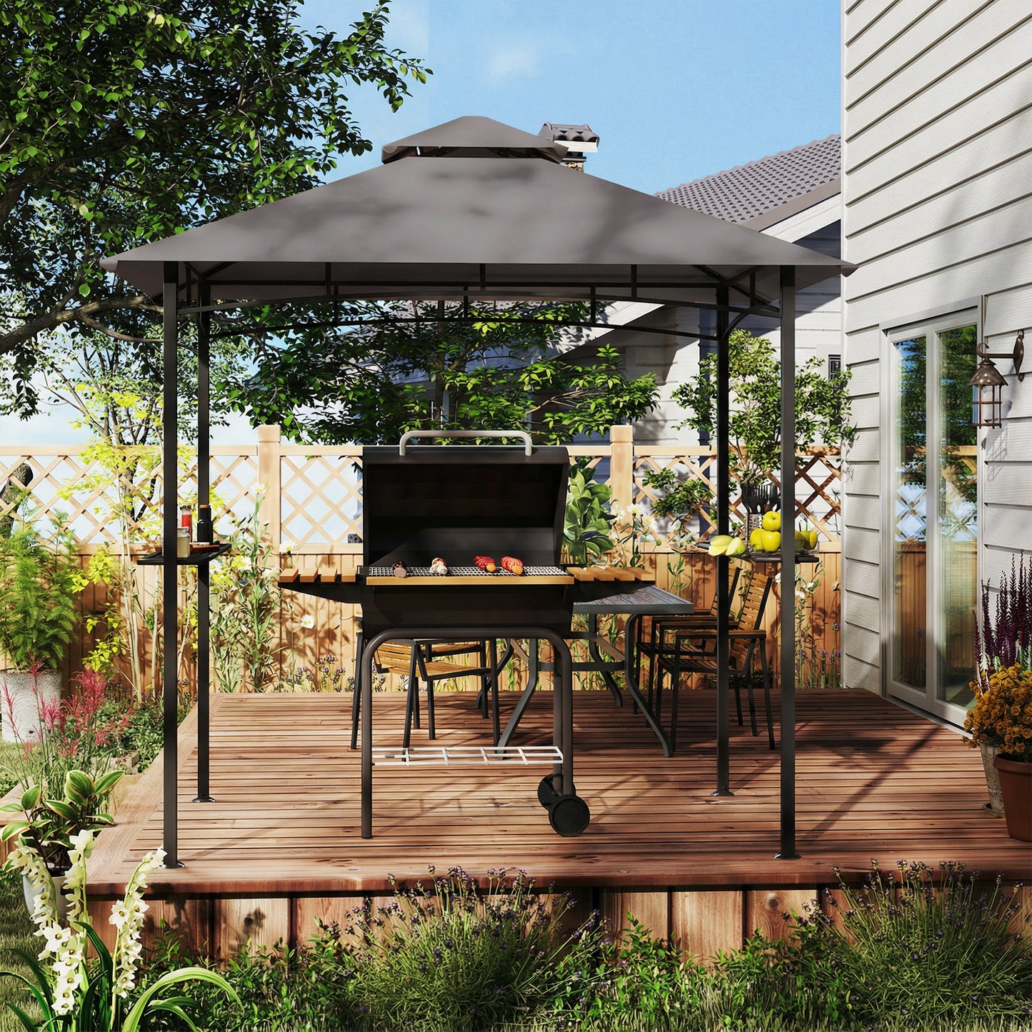 8' x 5' BBQ Grill Gazebo Tent with Double Tiered Canopy for Outdoor Sun Shade, Dark Grey
