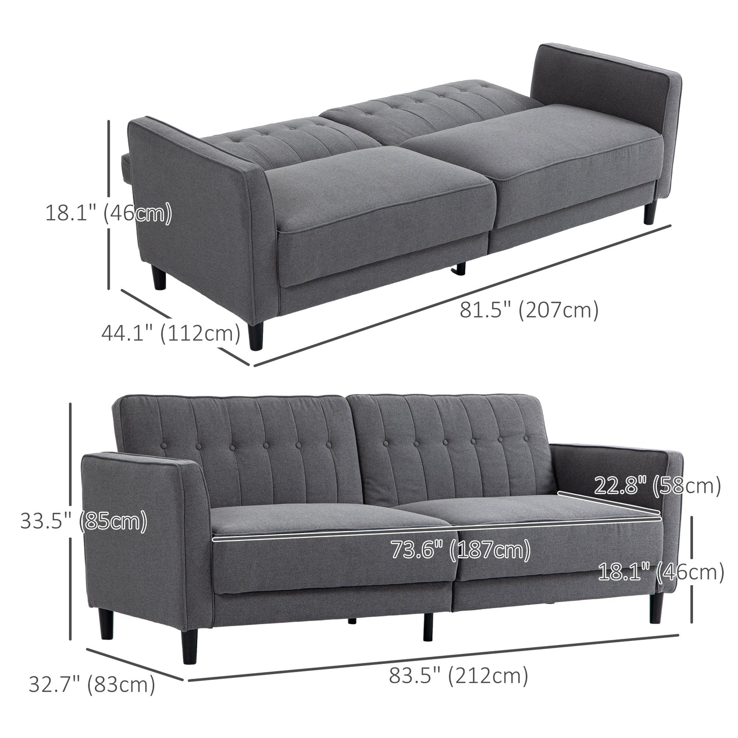 Convertible Bed with Couch, Button Tufted Fabric Sofa Bed with Adjustable Back for Living Room, Charcoal Grey