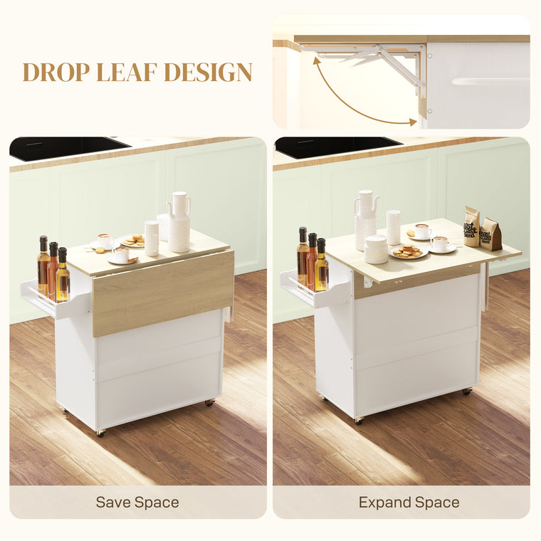 Rolling Kitchen Island with Drop Leaf and Drawer - White