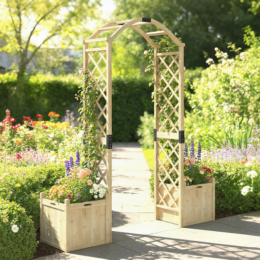 Wooden Garden Arch with 2 Planter Boxes, Arch Trellis for Climbing Plants, Decorative Arbor Archway, Natural Wood