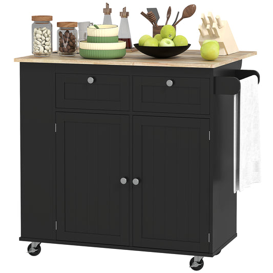 Kitchen Island with Power Outlet and Drop Leaf - Black