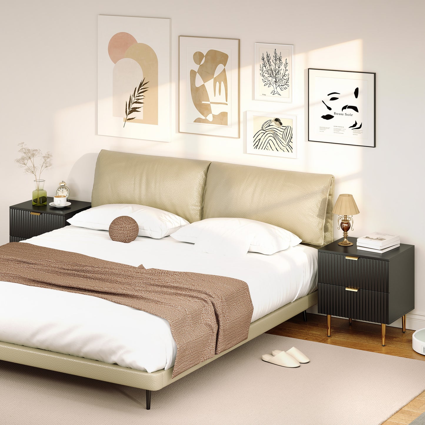 Bedside Table Set of 2, Modern Nightstand with 2 Drawers, Side End Table with Metal Legs for Living Room, Bedroom, Black