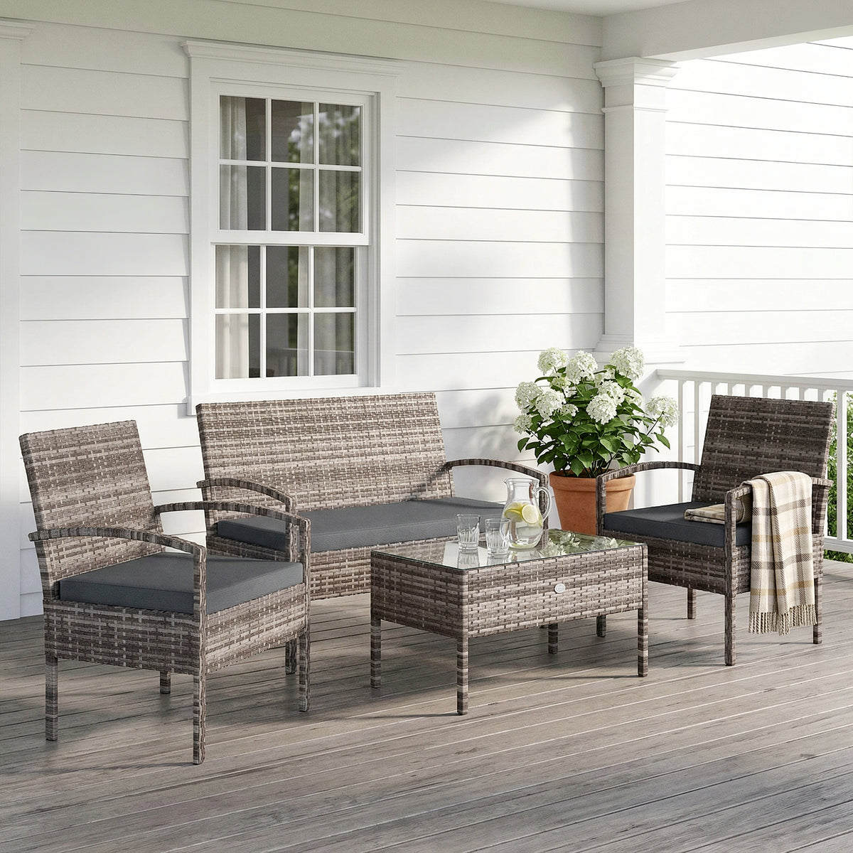 4 Pieces Patio Furniture Set with A Loveseat, Two Armchairs and A Coffee Table, Outdoor Conversation Set, Dark Grey