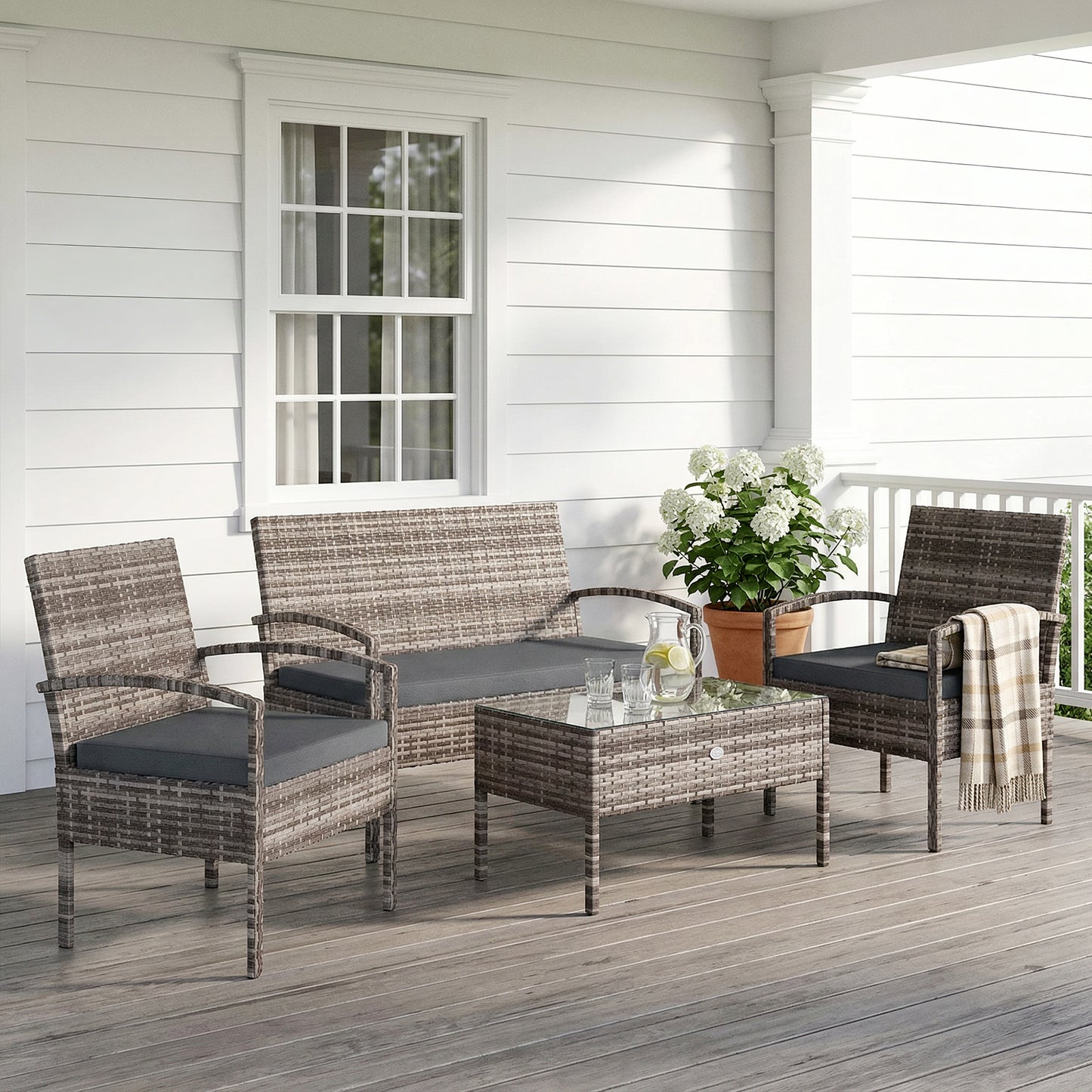4 Pieces Patio Furniture Set with A Loveseat, Two Armchairs and A Coffee Table, Outdoor Conversation Set, Light Grey - Dark Grey